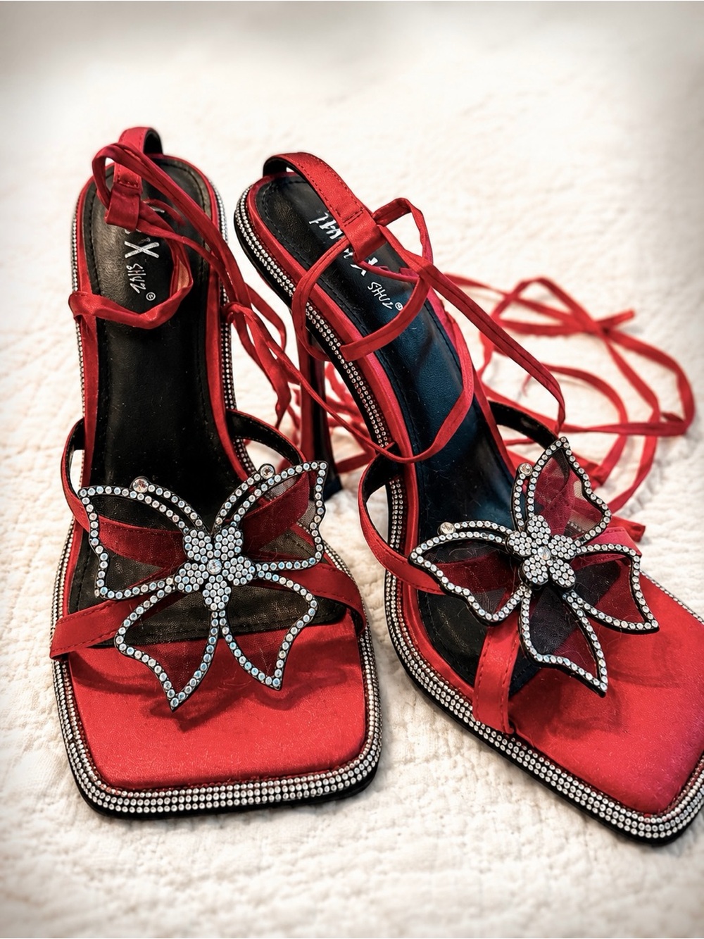 Mixx Shuz Red Rhinestone Flower Lace-Up Heels